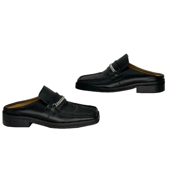 Tony Bianco Womens Chain Loafers SZ 7 Black Bloafers Square Toe Open Back Chic