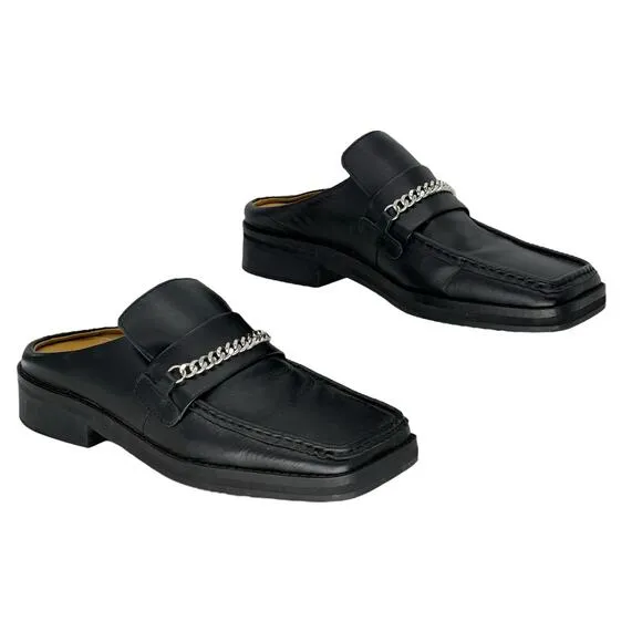 Tony Bianco Womens Chain Loafers SZ 7 Black Bloafers Square Toe Open Back Chic