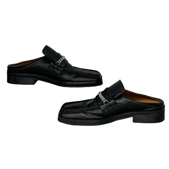 Tony Bianco Womens Chain Loafers SZ 7 Black Bloafers Square Toe Open Back Chic