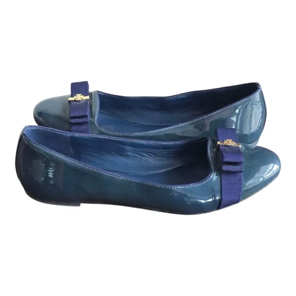 Tory Burch Ballet Flats 10.5 Trudy Ribbon Bow  Navy Patent Leather Gold Logo