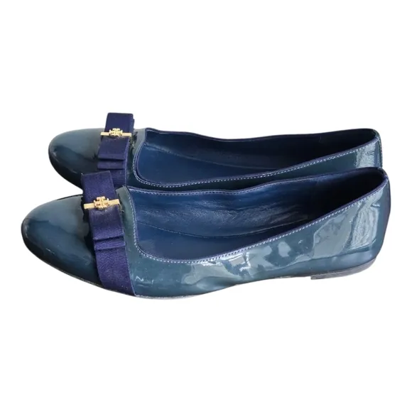 Tory Burch Ballet Flats 10.5 Trudy Ribbon Bow  Navy Patent Leather Gold Logo