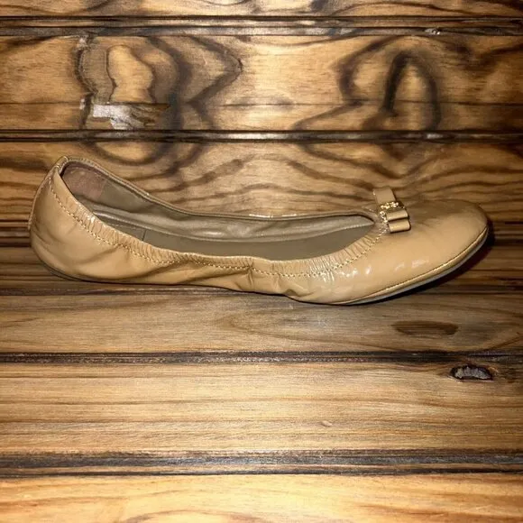 Tory‎ Burch Ballet Flats Womens Size 11 M Sand Tan Patent Leather Shiny Slip On