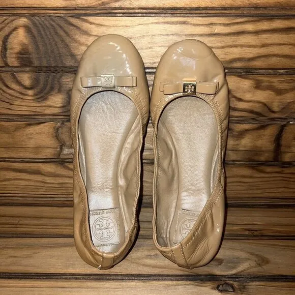 Tory‎ Burch Ballet Flats Womens Size 11 M Sand Tan Patent Leather Shiny Slip On