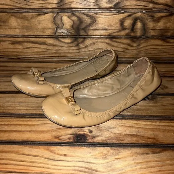 Tory‎ Burch Ballet Flats Womens Size 11 M Sand Tan Patent Leather Shiny Slip On