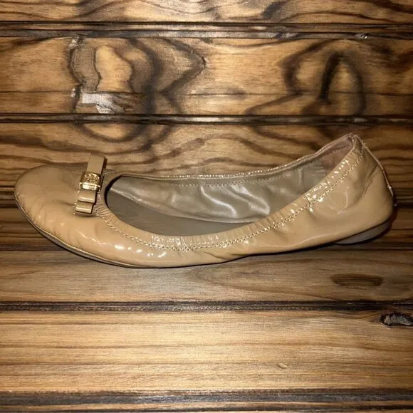Tory‎ Burch Ballet Flats Womens Size 11 M Sand Tan Patent Leather Shiny Slip On