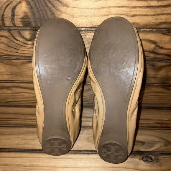 Tory‎ Burch Ballet Flats Womens Size 11 M Sand Tan Patent Leather Shiny Slip On