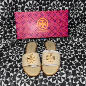Tory Burch Beige and Gold Slides