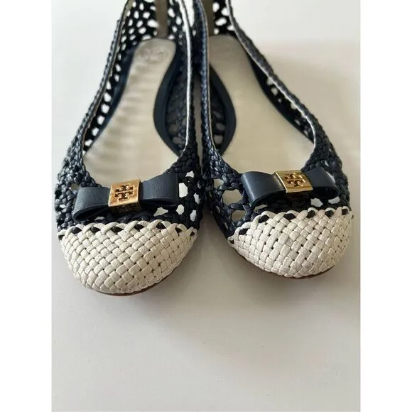 Tory Burch Carlyle Woven Leather Ballet Flats Women’s White Navy Size 6.5