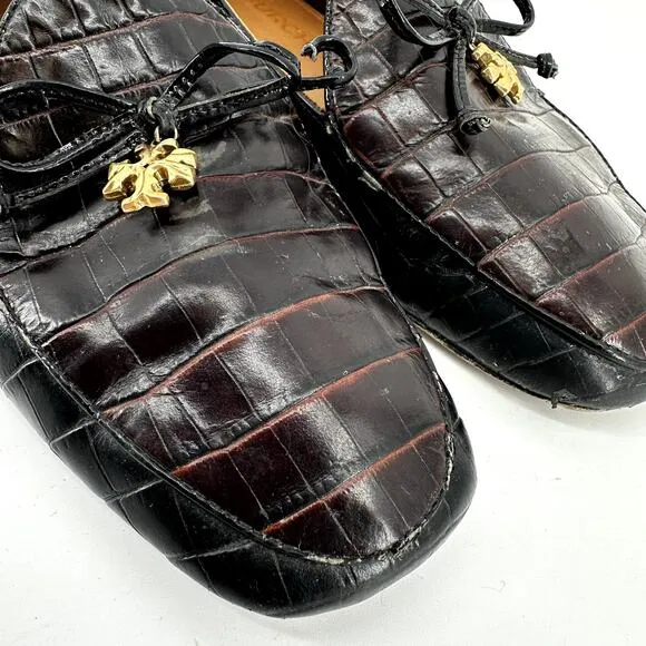 Tory Burch Charm Loafers Leather Collapsible Back Matte Croc Emboss Black 10