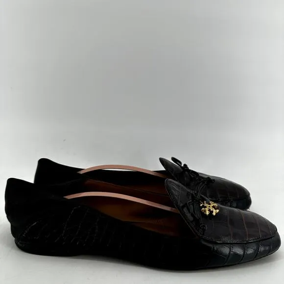 Tory Burch Charm Loafers Leather Collapsible Back Matte Croc Emboss Black 10