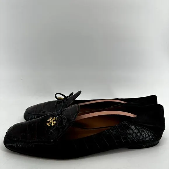 Tory Burch Charm Loafers Leather Collapsible Back Matte Croc Emboss Black 10