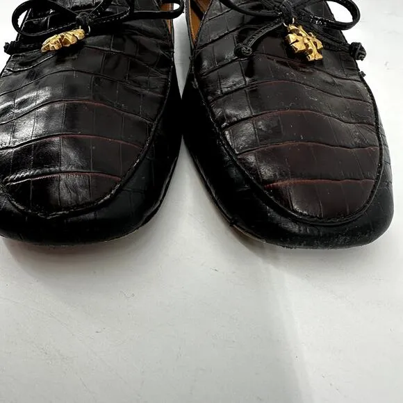 Tory Burch Charm Loafers Leather Collapsible Back Matte Croc Emboss Black 10