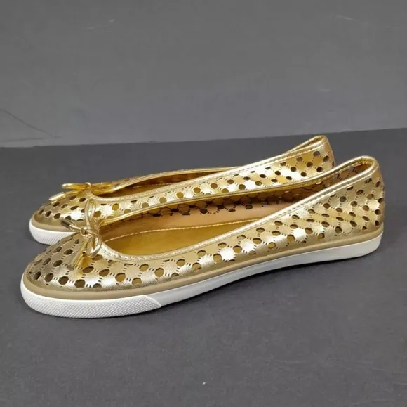 Tory Burch Gold Leather Cut Out Bow Ballet Flats Women Sz 7 M‎ EuC