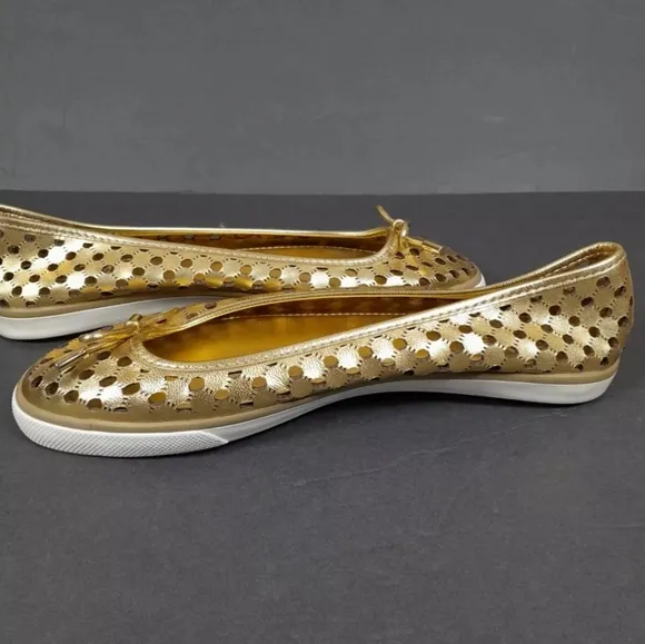 Tory Burch Gold Leather Cut Out Bow Ballet Flats Women Sz 7 M‎ EuC