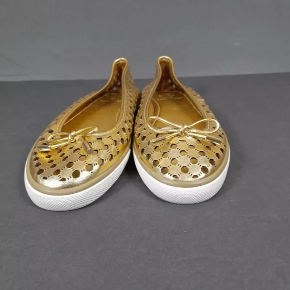 Tory Burch Gold Leather Cut Out Bow Ballet Flats Women Sz 7 M‎ EuC