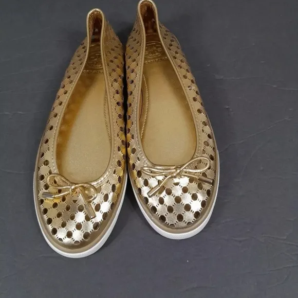 Tory Burch Gold Leather Cut Out Bow Ballet Flats Women Sz 7 M‎ EuC