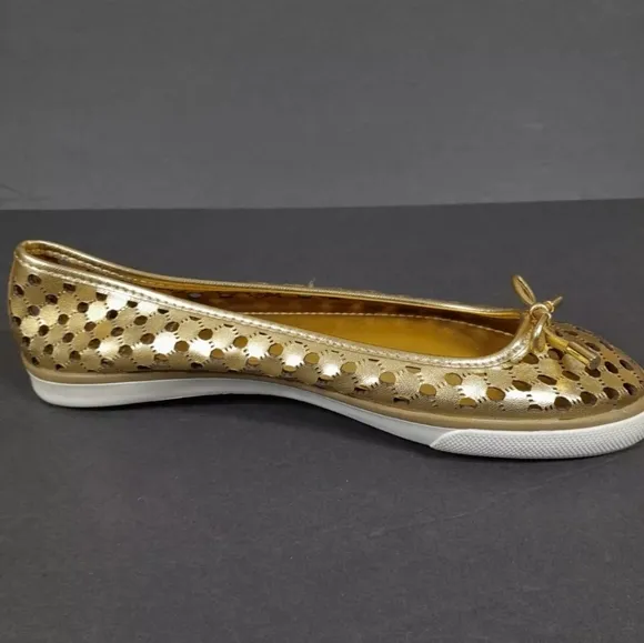 Tory Burch Gold Leather Cut Out Bow Ballet Flats Women Sz 7 M‎ EuC