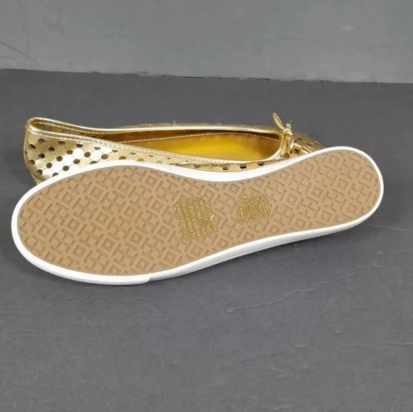 Tory Burch Gold Leather Cut Out Bow Ballet Flats Women Sz 7 M‎ EuC