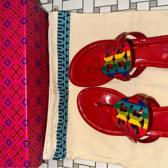 Tory Burch Miller Ruby Red Bright Rainbow Patent Leather 7.5 EUC
