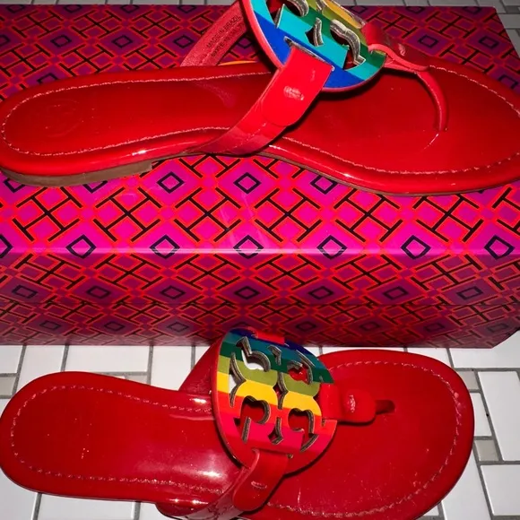 Tory Burch Miller Ruby Red Bright Rainbow Patent Leather 7.5 EUC