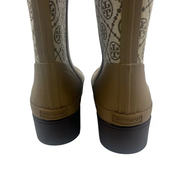Tory Burch monogrammed Tan and Cream Canvas and Rubber Boots