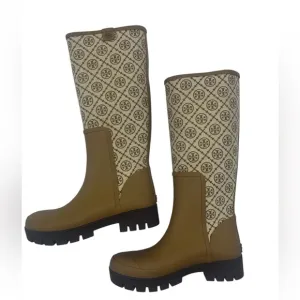 Tory Burch monogrammed Tan and Cream Canvas and Rubber Boots
