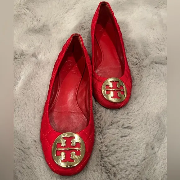 Tory Burch Red Gold Quilted Ballet Flats