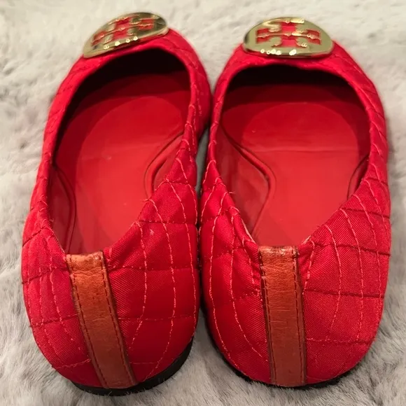 Tory Burch Red Gold Quilted Ballet Flats