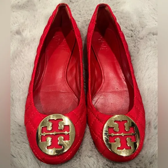 Tory Burch Red Gold Quilted Ballet Flats