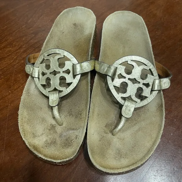 Tory Burch Sandals Gold Miller Cloud Logo Casual Slides