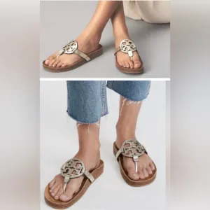 Tory Burch Sandals Gold Miller Cloud Logo Casual Slides
