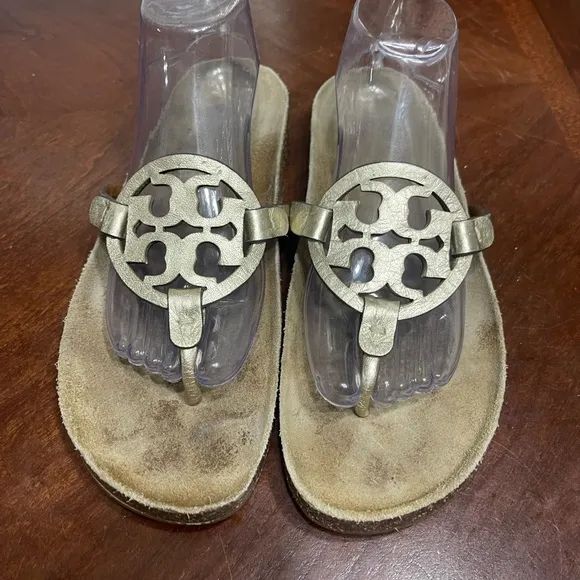 Tory Burch Sandals Gold Miller Cloud Logo Casual Slides