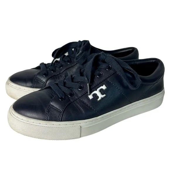 Tory Burch Sneakers Blue Amalia Leather Low Top Lace Up Navy Snow White 6.5