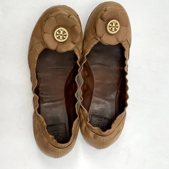 Tory Burch Tan Brown Scrunch Ballet Flats