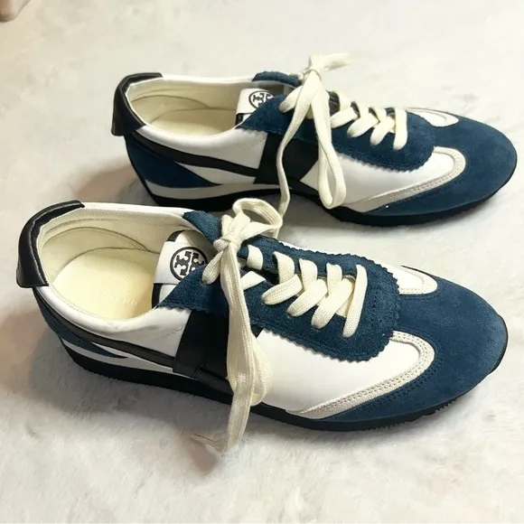 Tory Burch White &amp; Navy Blue Hank Sneakers Size 9.5