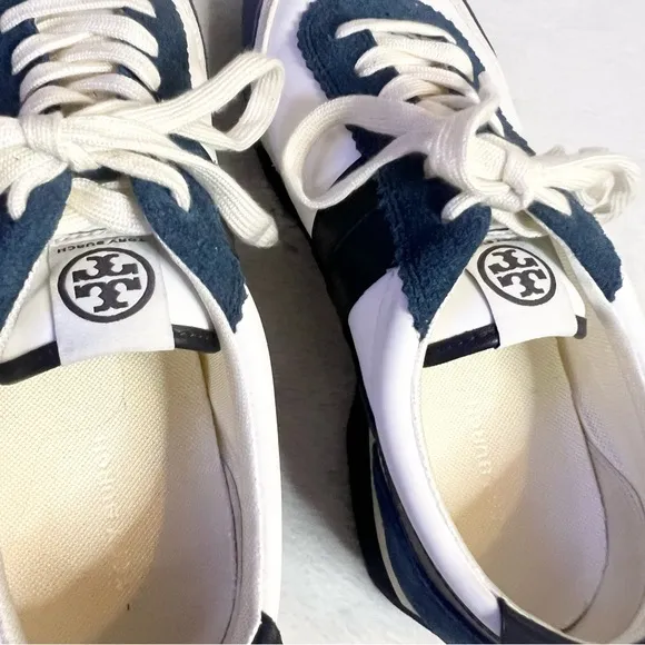 Tory Burch White &amp; Navy Blue Hank Sneakers Size 9.5