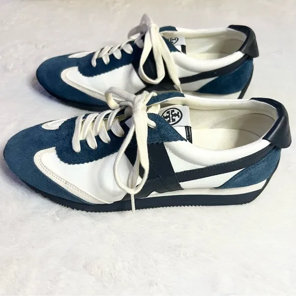 Tory Burch White &amp; Navy Blue Hank Sneakers Size 9.5