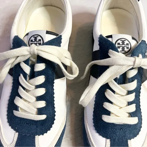 Tory Burch White &amp; Navy Blue Hank Sneakers Size 9.5