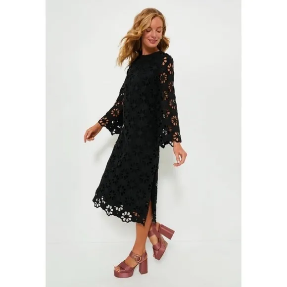 Tuckernuck Noir Eyelet Hutton Long Sleeve Cotton Formal Midi Dress Small NWT