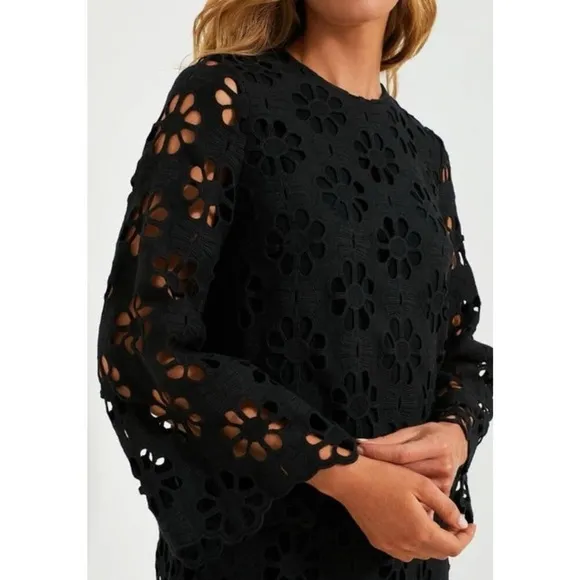 Tuckernuck Noir Eyelet Hutton Long Sleeve Cotton Formal Midi Dress Small NWT