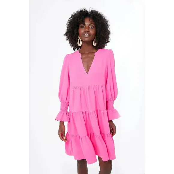Tuckernuck POMANDER PLACE Electric Pink Crepe Kenzo Dress Long Sleeve size XS
