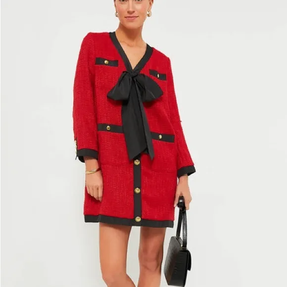 Tuckernuck POMANDER PLACE Red Coco Tweed Bow Dress size large nwt old money