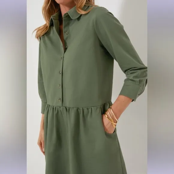 Tuckernuck Stretch Twill Hayes Shirt Dress Jade Green Pockets Collar Minimalist