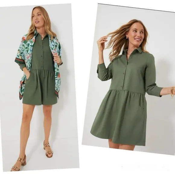Tuckernuck Stretch Twill Hayes Shirt Dress Jade Green Pockets Collar Minimalist