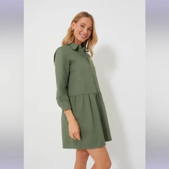 Tuckernuck Stretch Twill Hayes Shirt Dress Jade Green Pockets Collar Minimalist