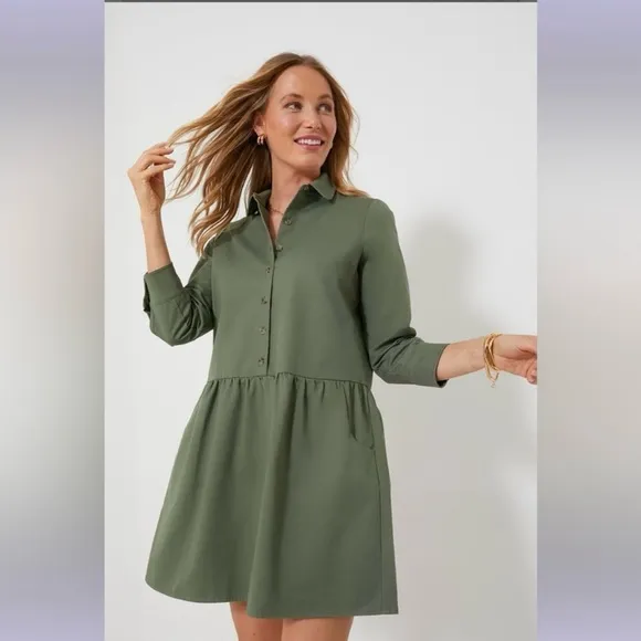 Tuckernuck Stretch Twill Hayes Shirt Dress Jade Green Pockets Collar Minimalist