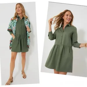 Tuckernuck Stretch Twill Hayes Shirt Dress Jade Green Pockets Collar Minimalist