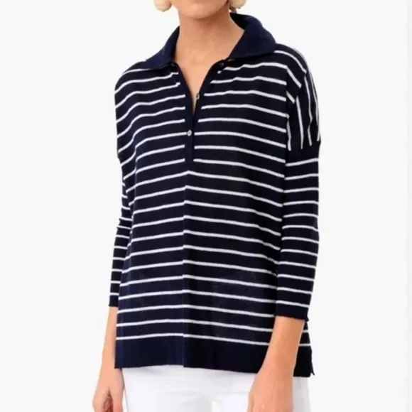 Tuckernuck Sweater Navy &amp; White Striped Clayton 3/4 Sleeve Knit Polo Sz XS/S GUC