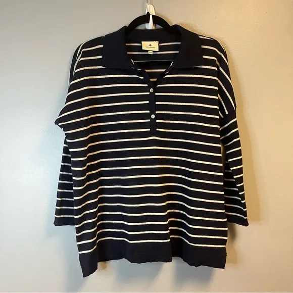 Tuckernuck Sweater Navy &amp; White Striped Clayton 3/4 Sleeve Knit Polo Sz XS/S GUC