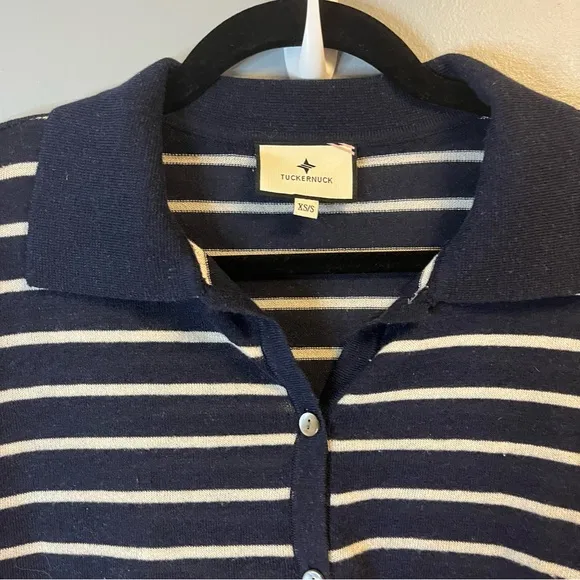Tuckernuck Sweater Navy &amp; White Striped Clayton 3/4 Sleeve Knit Polo Sz XS/S GUC